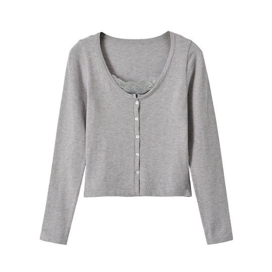 Damen Feinstrick-Cardigan mit Spitzen-Einsatz und durchgehender Knopfleiste Shop Nory