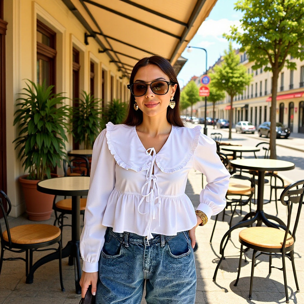 Damen Rüschige Cropped-Bluse mit übergroßem Kragen, Bindebändern und tailliertem Peplum Shop Nory