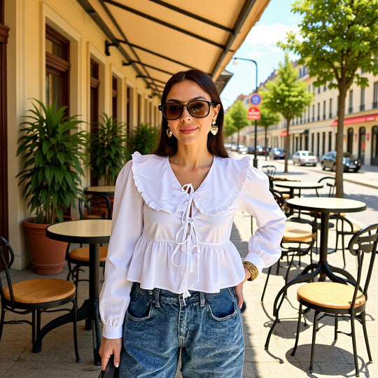 Damen Rüschige Cropped-Bluse mit übergroßem Kragen, Bindebändern und tailliertem Peplum Shop Nory