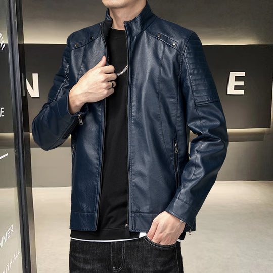 Herren schlanker Kunstleder-Moto-Blouson mit ergonomischen Nähten und Stehkragen Shop Nory