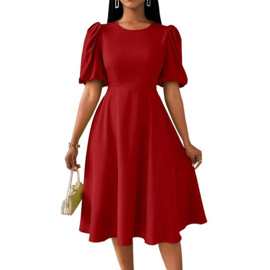 Damen Midi-Kleid mit Puffärmeln und schwingendem Saum
