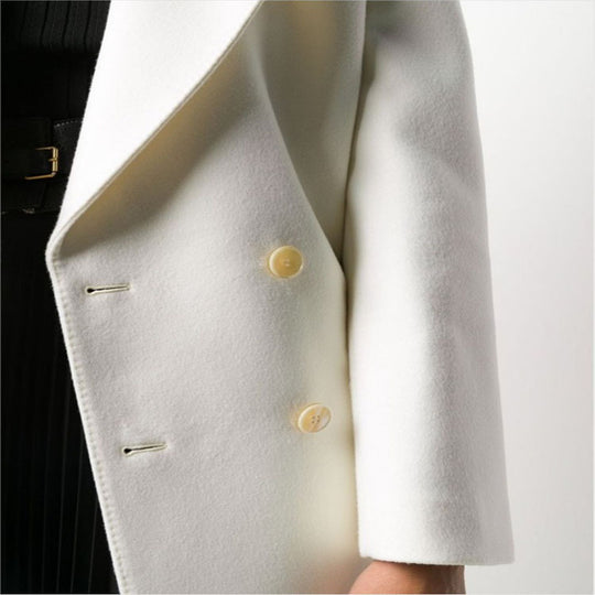 Damen Schlanker Zweireihiger Wollmix‑Longmantel mit Schalkragen, Goldknopf‑Detail und Pattentaschen Shop Nory
