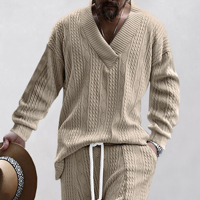 Herren lässiger Strickpullover mit V-Ausschnitt und Kabelmuster