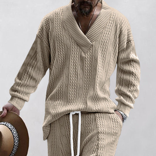 Herren lässiger Strickpullover mit V-Ausschnitt und Kabelmuster