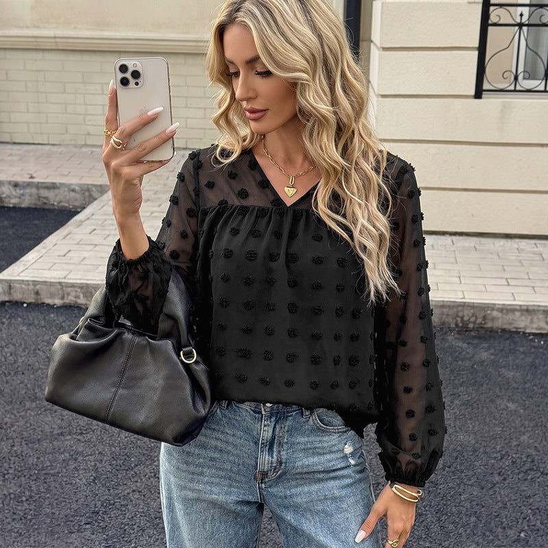 Damen Elegante Chiffonbluse mit 3D-Pompon-Applikation, V-Ausschnitt und elastischen Manschetten Shop Nory