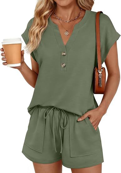 Damen Lässiges zweiteiliges Lounge-Set mit Knopfleiste, Kordelzugshorts und Eingrifftaschen Shop Nory