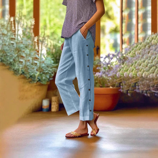 Damen Cropped Weitbeinige Knopf-Trim Leinen-Mischung Casual Hose Shop Nory