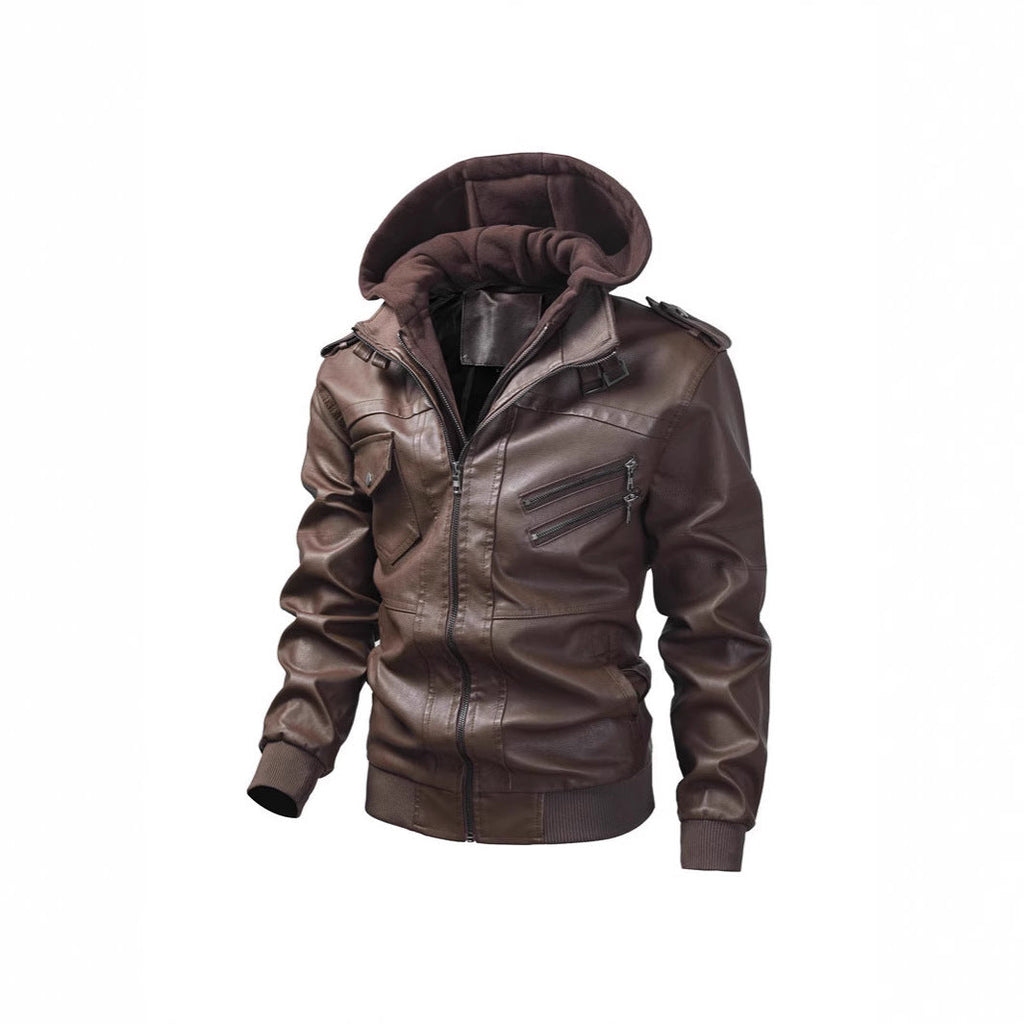 Herren Kunstlederjacke mit abnehmbarer Kapuze und Multifunktions-Taschen Shopnory
