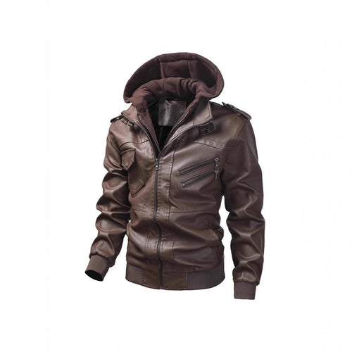 Herren Kunstlederjacke mit abnehmbarer Kapuze und Multifunktions-Taschen Shopnory