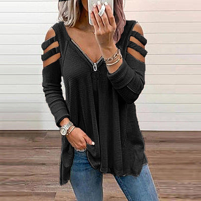 Damen lässiges Oberteil mit modischen Cut-Out-Details und Reißverschluss Shopnory