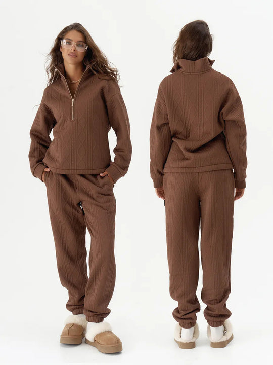 Damen Zopfstrick-Lounge-Set mit halbem Reißverschluss und hochtaillierter Jogginghose Shop Nory