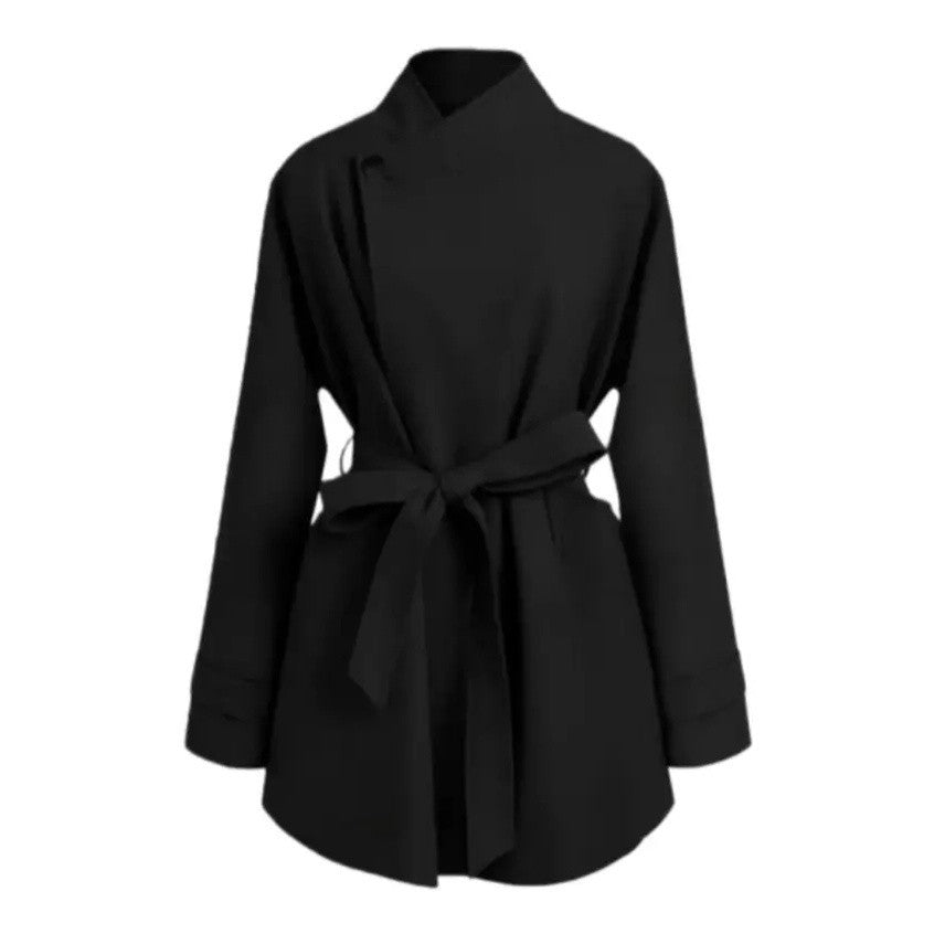 Damen Oversized Wickelbluse mit Stehkragen und Bindegürtel Shop Nory