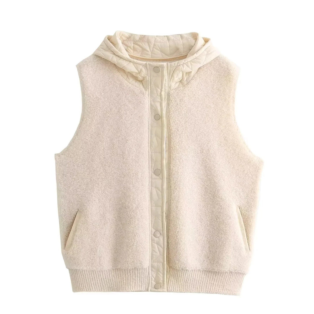Damen Wattierte Wollmix-Weste mit Kapuze und Druckknopfleiste Shop Nory