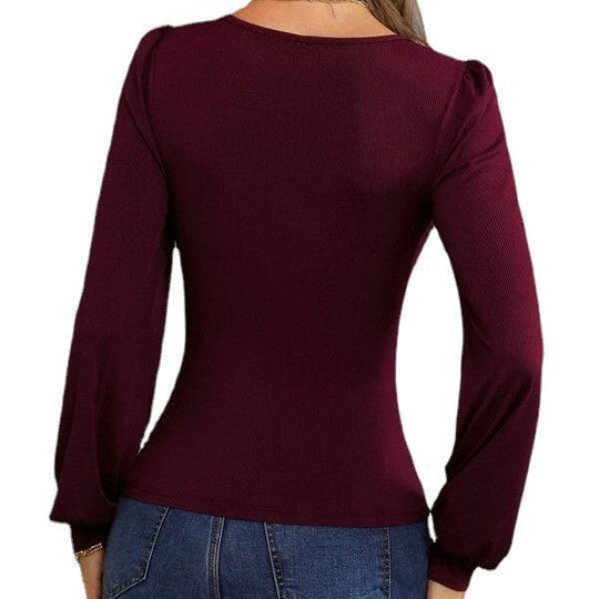 Damen figurbetontes Langarmshirt mit V-Ausschnitt und Ballonärmeln