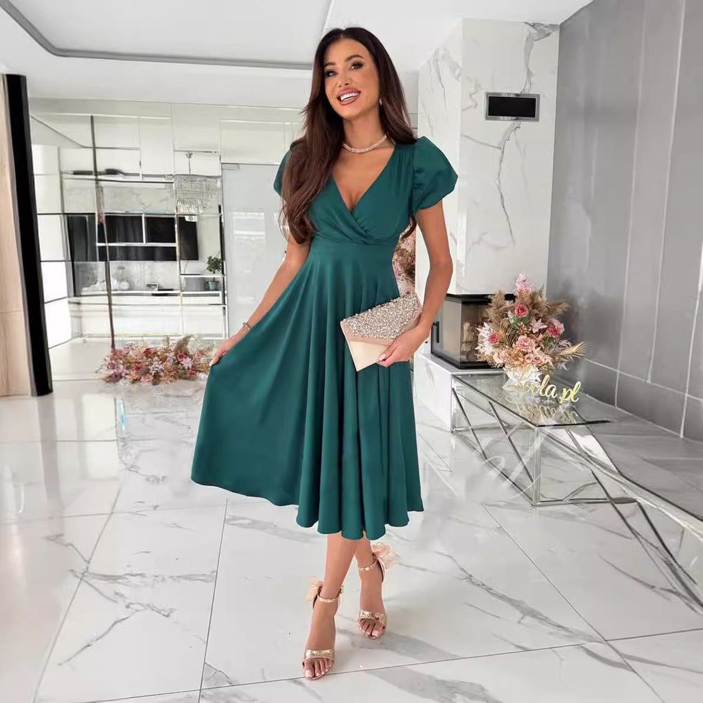 Damen A-Linie Kleid mit Puffärmeln und schmalem V-Ausschnitt
