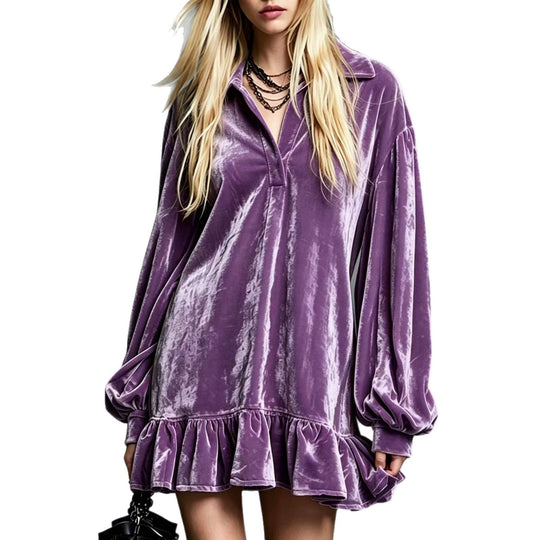 Damen Samt-Minikleid mit Volant-Saum, Ballonärmeln und Hemdkragen Shop Nory