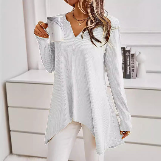 Damen Ripp Longsleeve Tunika mit V-Ausschnitt und asymmetrischem Haifischsaum Shop Nory