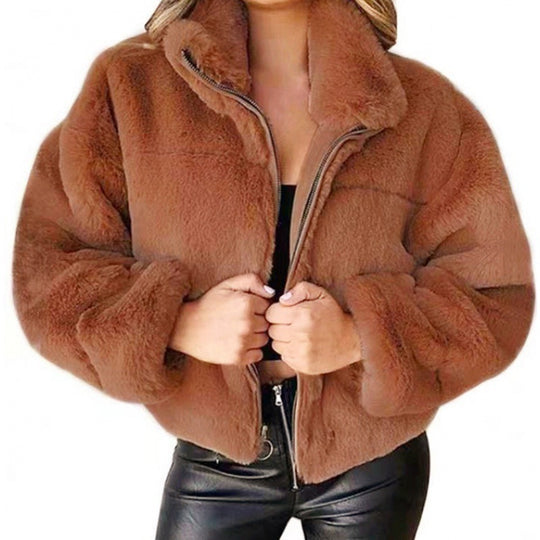 Damen Kurz geschnittene Kuschel-Fleece-Steppjacke mit Stehkragen und Reißverschluss Shop Nory