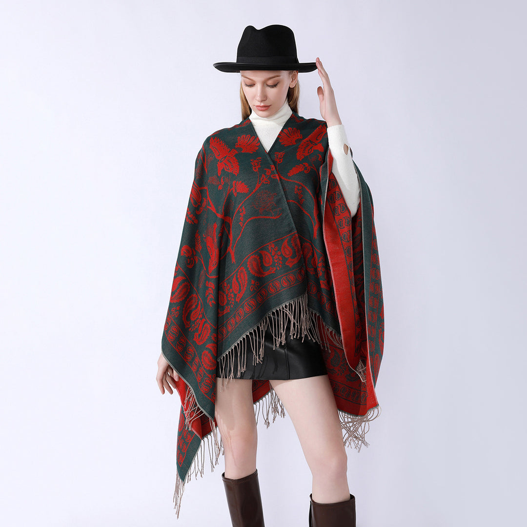 Damen Jacquard-Poncho im Oversize-Kaftan mit floraler und Vogelornamentik Shop Nory