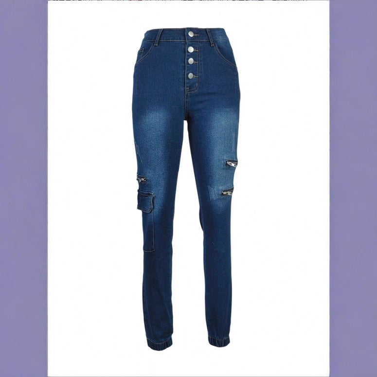 Damen Hochtaillierte Skinny-Jeans mit Cargo-Reißverschlusstaschen & Knopfverschluss Shop Nory