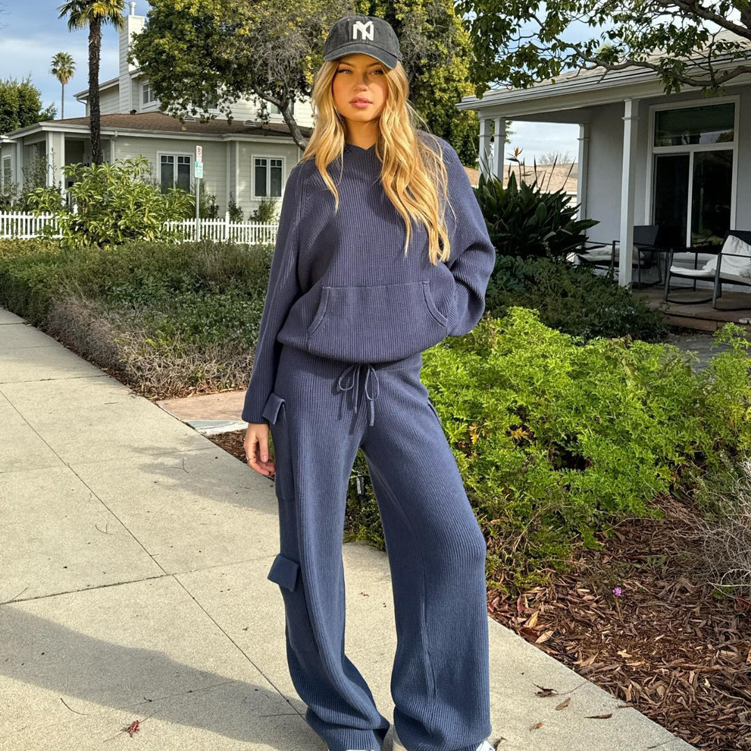 Damen gerippter Kapuzenpullover mit Kängurutasche und leichter Waffelstruktur Shop Nory