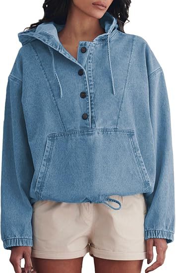 Damen Jeans-Halbanorak mit Kapuze, Kängurutasche und Tunnelzug Shop Nory