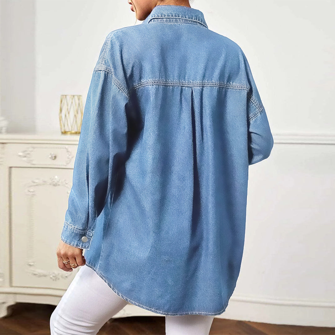 Damen Longline-Denim-Hemdjacke Oversized mit Pattentaschen Shop Nory
