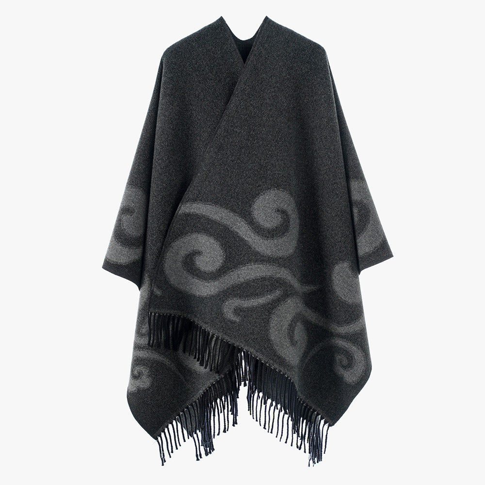 Damen Wollmix-Poncho mit Jacquard‑Wirbelmuster, V-Ausschnitt und Fransen Shop Nory