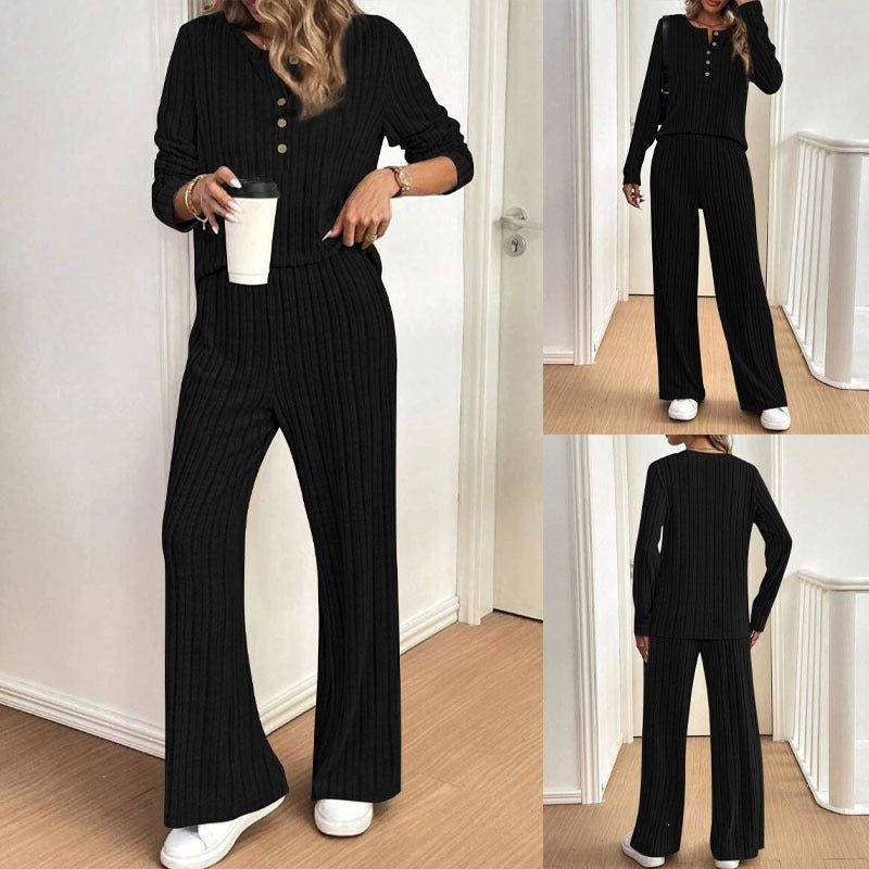 Damen Geripptes Lounge-Zweiteiler mit Henley-Top und weiter Palazzohose Shop Nory