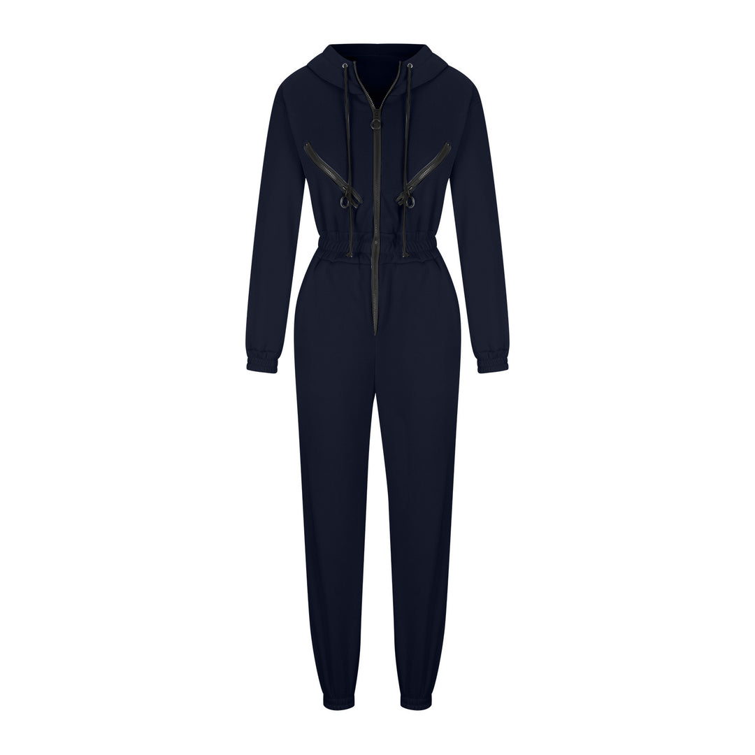 Damen taillierter Kapuzen-Jumpsuit mit elastischem Bund und markanten Kontrast-Reißverschlüssen Shop Nory