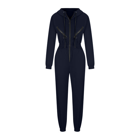 Damen taillierter Kapuzen-Jumpsuit mit elastischem Bund und markanten Kontrast-Reißverschlüssen Shop Nory
