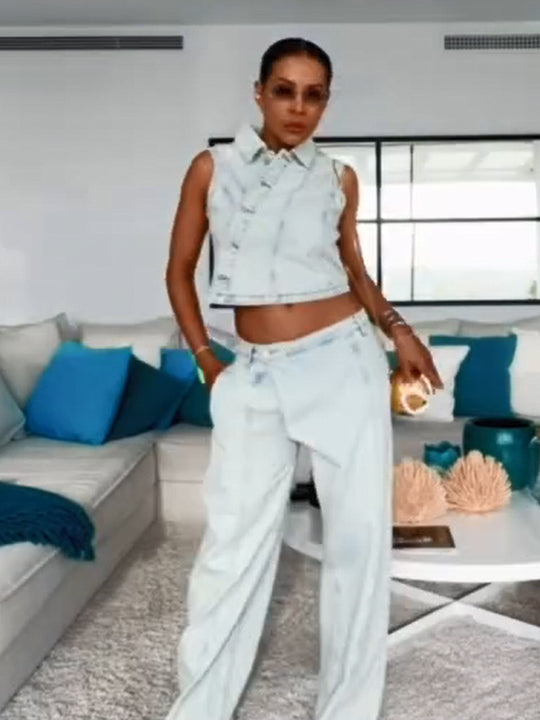 Damen Gekürztes ärmelloses Denim-Set mit taillierter Weste & weiter High-Waist-Hose Shop Nory