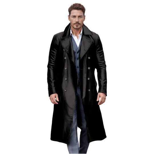 Herren Langer glänzender Kunstleder-Trenchcoat mit Doppelreiher und markantem Revers Shop Nory