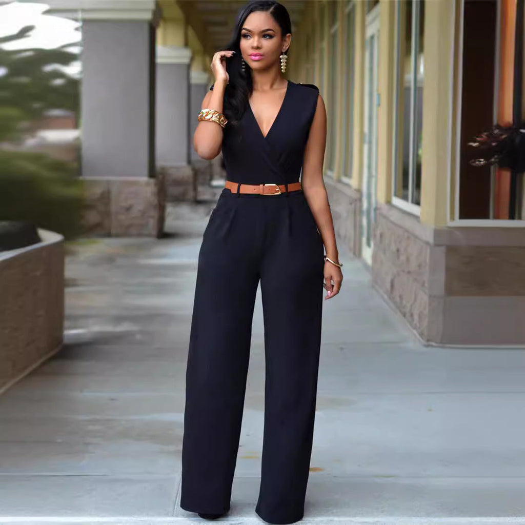 Damen Eleganter Wickel-Jumpsuit mit weitem Bein und Taillengürtel