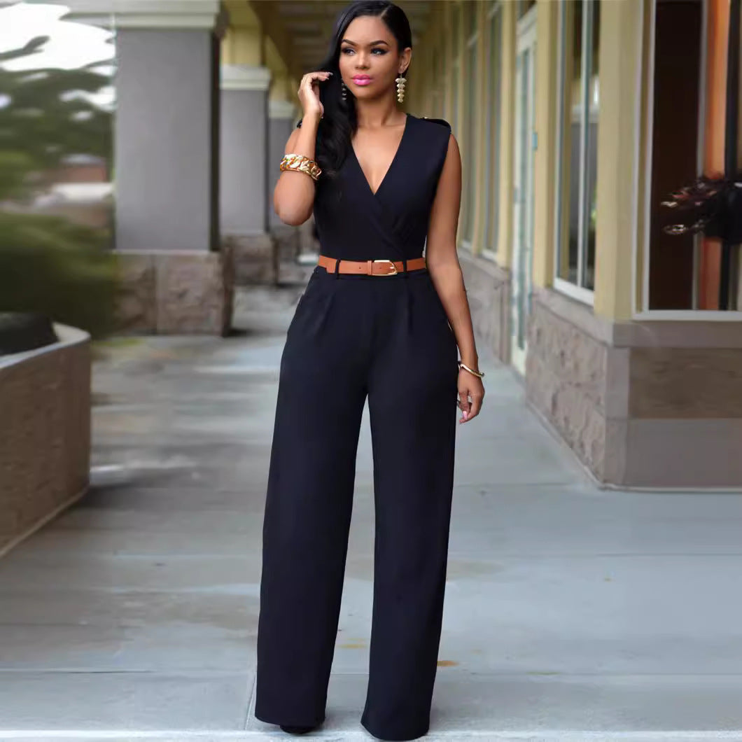 Damen Eleganter Wickel-Jumpsuit mit weitem Bein und Taillengürtel