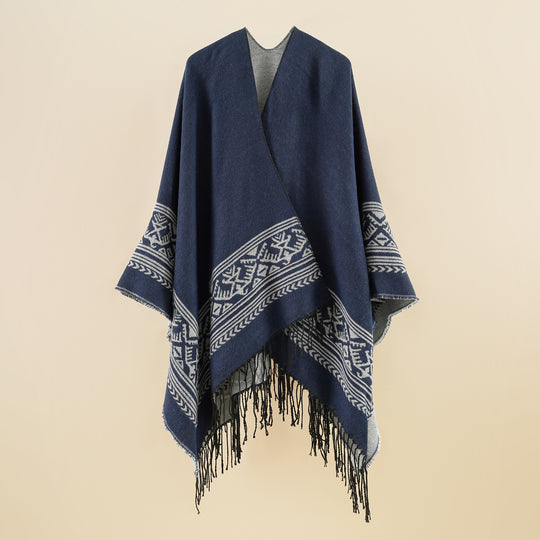 Damen Wolloptik-Überwurf im Kimono-Stil mit grafischem Bordürenjacquard und Fransensaum Shop Nory