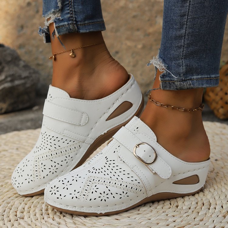Damen Atmungsaktive Lederimitat-Mules mit ergonomischem Komfortfußbett und Zierschnitt Shop Nory