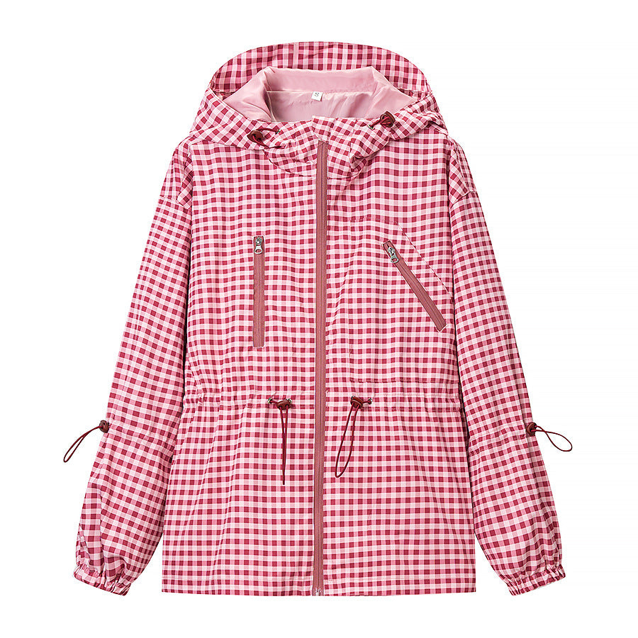 Damen Leichte Kapuzen-Outdoorjacke im Vichy-Karo mit Tunnelzugtaillierung Shop Nory