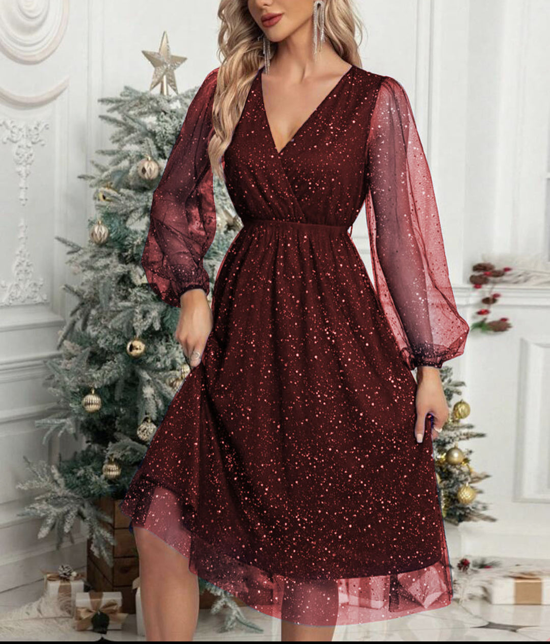 Damen Festliches Midikleid aus Glitzer‑Chiffon mit V‑Ausschnitt, tailliertem Gummibund und Ballonärmeln Shop Nory
