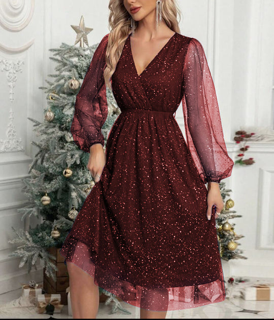 Damen Festliches Midikleid aus Glitzer‑Chiffon mit V‑Ausschnitt, tailliertem Gummibund und Ballonärmeln Shop Nory