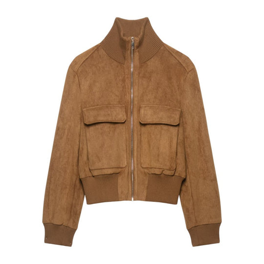 Damen Kurze Wildlederoptik-Bomberjacke mit Stehkragen, Klappentaschen und Rippbündchen Shop Nory
