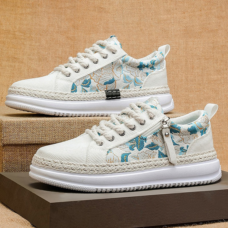 Damen gestickte Espadrille-Plateau-Sneaker mit floralem Jacquard, geflochtener Kordelsohle und gepolstertem Innenfutter Shop Nory