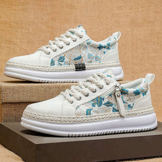 Damen gestickte Espadrille-Plateau-Sneaker mit floralem Jacquard, geflochtener Kordelsohle und gepolstertem Innenfutter Shop Nory