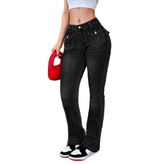 Damen Hochtaillierte Stretch-Jeans mit leichtem Flare und dekorativen Taschen Shop Nory