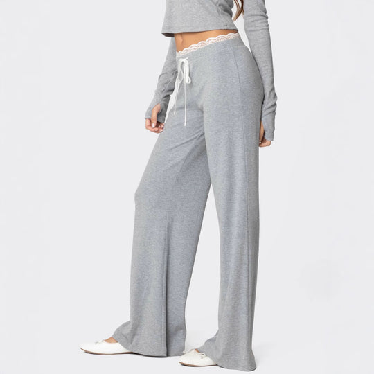 Damen weite Loungehose mit Spitzenbund und Kordelzug Shop Nory