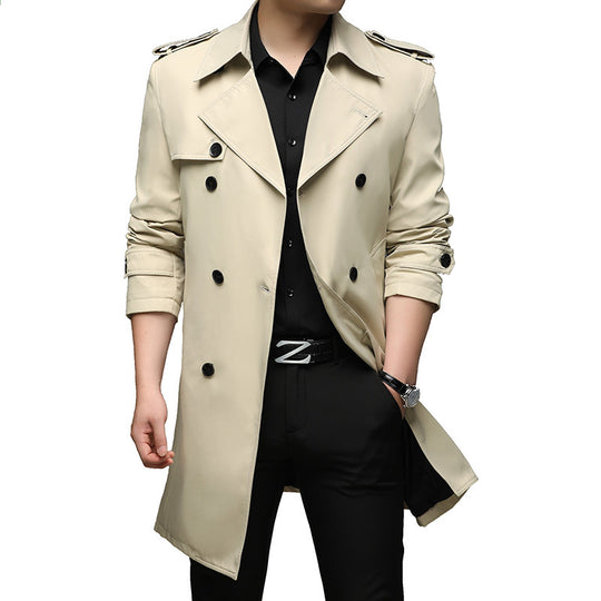Herren Langer Slim-Fit Doppelreihiger Trenchcoat mit Epauletten und Taillengürtel Shop Nory