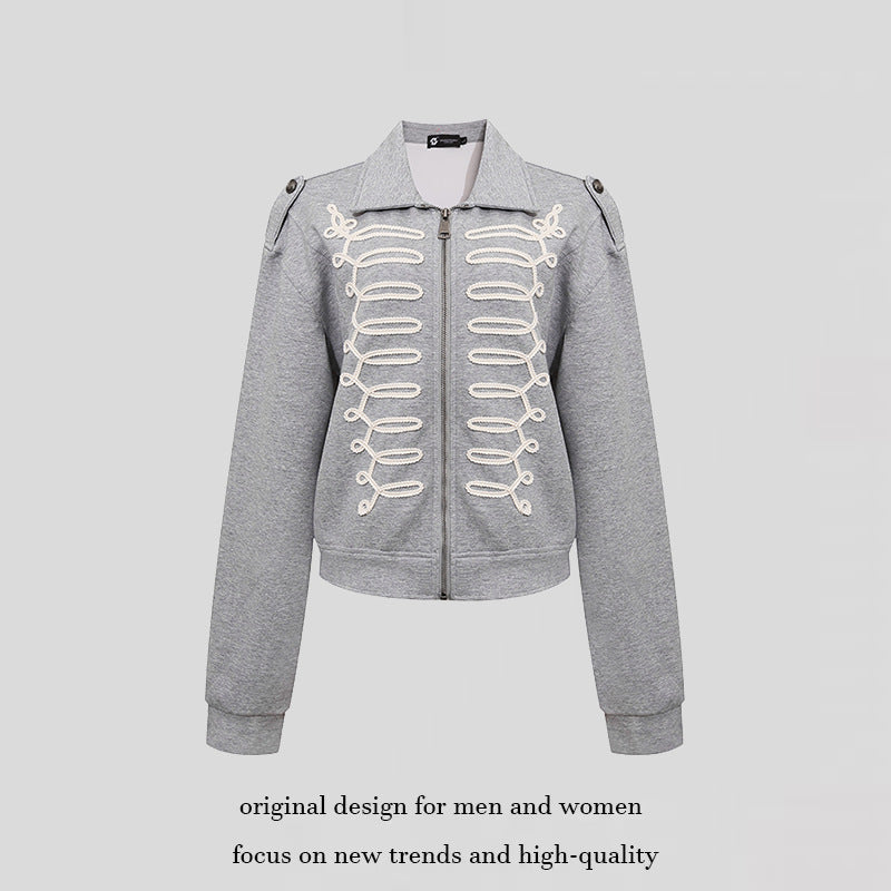 Damen Sweatjacke mit dekorativer Zierkordel, Reißverschluss und Schulterpatten Shop Nory