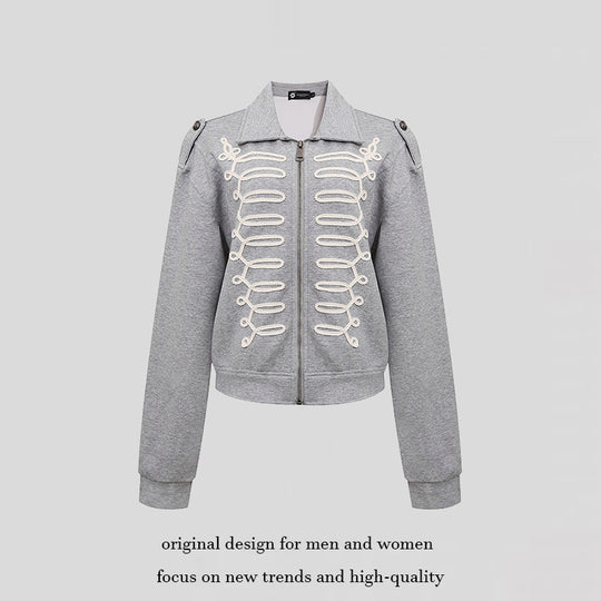 Damen Sweatjacke mit dekorativer Zierkordel, Reißverschluss und Schulterpatten Shop Nory