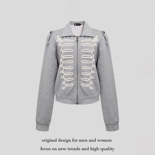 Damen Sweatjacke mit dekorativer Zierkordel, Reißverschluss und Schulterpatten Shop Nory
