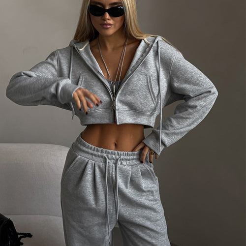 Damen cropped Reißverschluss-Kapuzenpullover mit hohem Bund Palazzo-Jogger Set Shop Nory